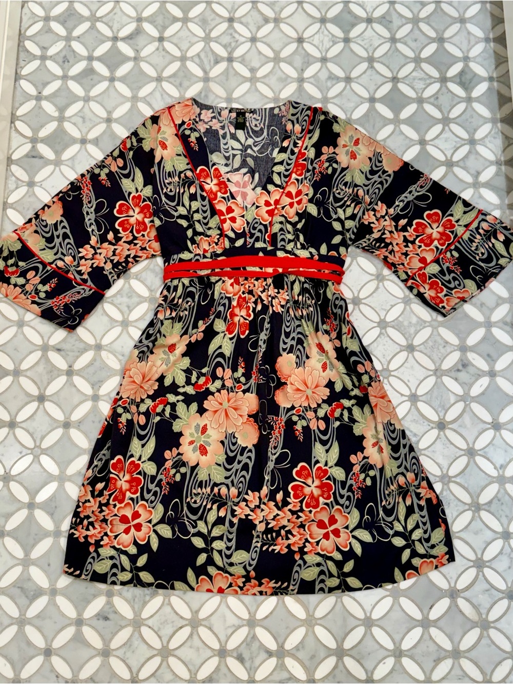 Vintage 2000s Y2K Lucky Brand Floral Kimono Sleeve Empire Waist Dress Medium - Picture 5 of 15